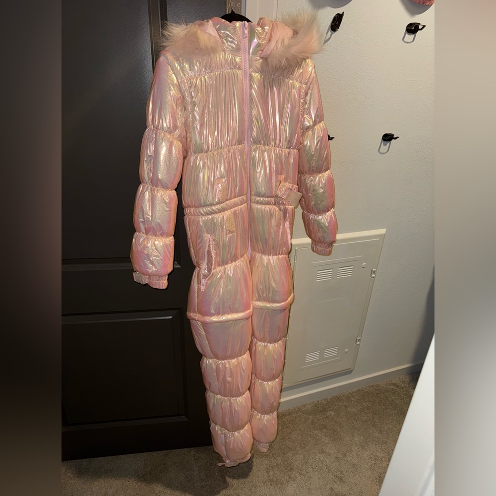 Pink iridescent snow ski suit